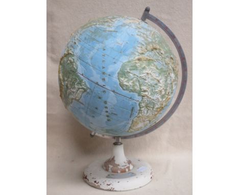 VINTAGE RELIEF DECORATED GLOBE ON WOODEN STAND, APPROXIMATELY 52cm HIGH 