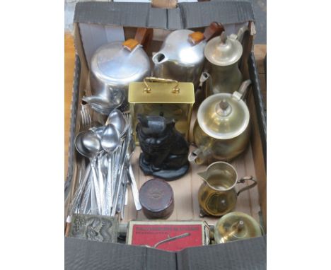 BOX CONTAINING SILVER PLATEDWARE, FLATWARE, MANTLE CLOCK AND PICQUOT WARE, ETC. 