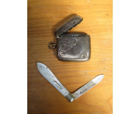 HALLMARKED SILVER VESTA CASE PLUS HALLMARKED SILVER AND MOTHER OF PEARL FRUIT KNIFE 