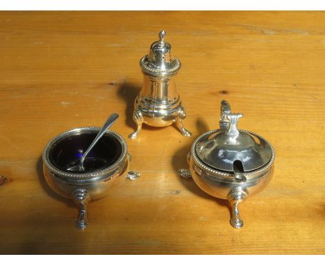 HALLMARKED SILVER THREE PIECE CRUET SET BIRMINGHAM ASSAY WEIGHT 321.5g