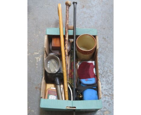 BOX OF SUNDRIES INCLUDING SILVER TOPPED WALKING STICK, STONEWARE JAR, CARRIAGE LAMP, COAT OF ARMS, CAMERA AND BINOCULARS, ETC