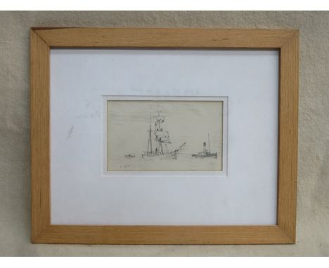 LIONEL WYLLIE, FRAMED PENCIL DRAWING OF SAILING BOATS AT SEA WITH ANOTHER UNFINISHED SKETCH, APPROXIMATELY 10cm x 17cm 