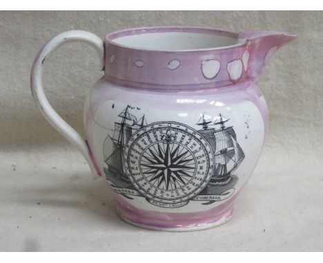 EARLY SUNDERLAND LUSTRE WARE JUG' THE MARINER'S COMPASS WITH VERSE, FOR RESTORATION 