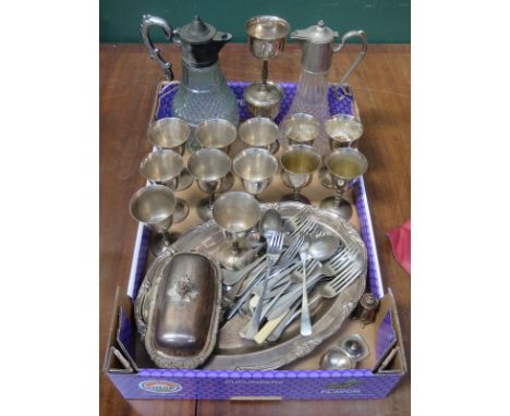 PARCEL OF SILVER PLATEDWARE INCLUDING MEAT PLATE, GOBLETS AND CLARET JUGS AND FLATWARE, ETC. 