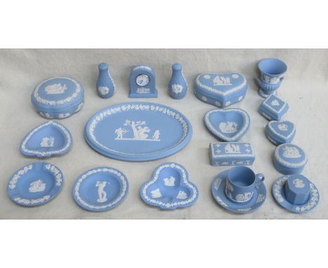 PARCEL OF WEDGWOOD JASPERWARE, APPROXIMATELY TWENTY PIECES INCLUDING CLOCK, SALT &amp; PEPPER PLUS VARIOUS RECEIVERS AND BOXE