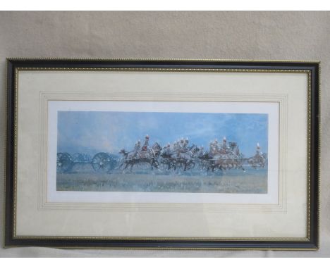 GILBERT HOLIDAY, LIMITED EDITION POLYCHROME PRINT OF ROYAL HORSE ARTILLERY, No165/500, APPROXIMATELY 24cm x 53cm 
