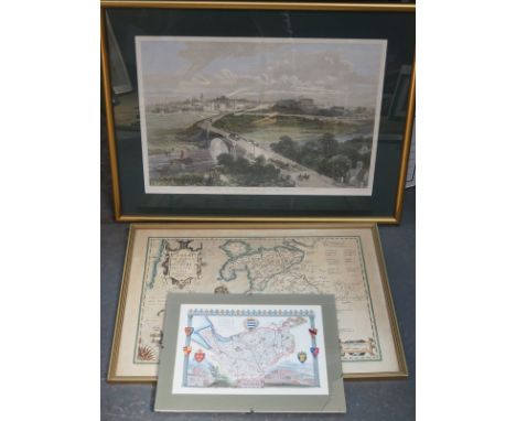 TWO FRAMED MAPS AND PRINT DEPICTING THE CITY OF CHESTER 