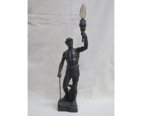 GOOD QUALITY ANTIQUE BRONZE FIGURE TABLE LAMP WITH SHADE, IN THE FORM OF A BLACKSMITH, SIGNED F ROSELIET, APPROXIMATELY 77cm 