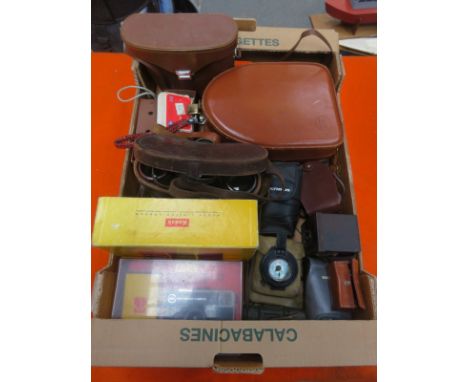 BOX OF VINTAGE CAMERAS INCLUDING BABY HAWKEYE, AND ALSO BOLEX B8L CAMERA, BINOCULARS, FIELD COMPASS AND OPERA GLASSES