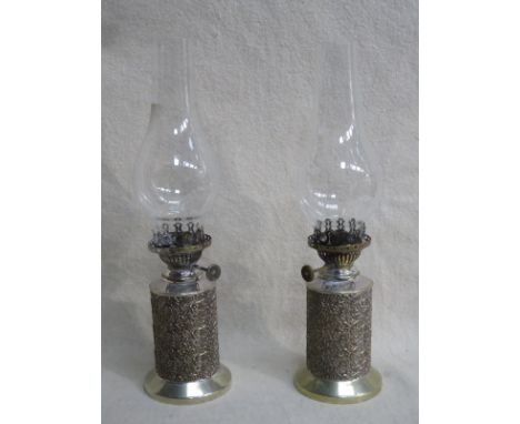 PAIR OF DECORATIVE SILVER PLATED OIL LAMPS WITH GLASS FUNNEL BY HINKS &amp; SON BIRMINGHAM, APPROXIMATELY 33cm HIGH 