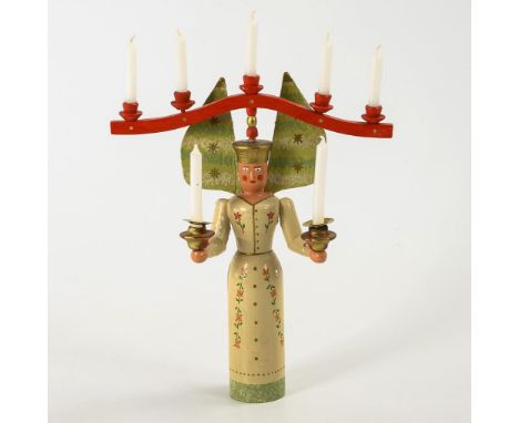 Jochengel mit 7 Kerzen. Ungemarkt. 1930er/40er Jahre. Seiffener Winkel, Erzgebirge.Holz, farbig gefasst. H 30,5 cm (mit Kerze