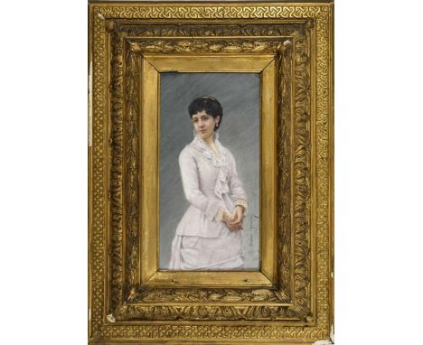 Keramikgemälde: Damenporträt. 1880. Signiert und datiert.                     CHEVALIER,             Claire     Polychrome Ma