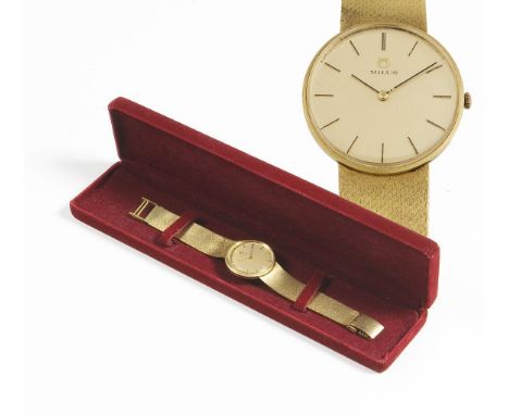             Schweizer Gold-Armbanduhr. Milus. 750er Gelbgold (18 kt). ø 32 mm, Höhe: 7 mm, Länge: 19 cm. 65 Gramm.           