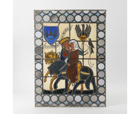 2 Bleiglasfenster-Einhängebilder mit Motiven aus dem Codex Manesse. Um 1900.             Farbiges und farbloses Glas, teils f