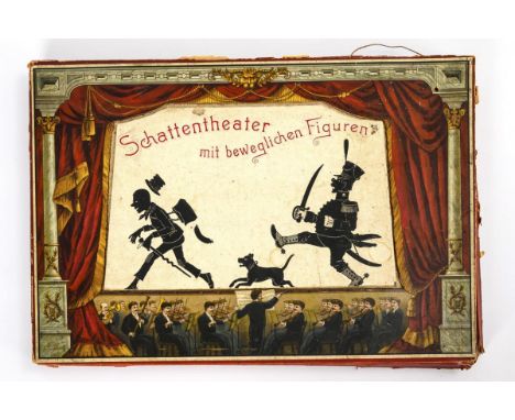 "Schattentheater mit beweglichen Figuren". Adolph Sala, Berlin. Um 1900.             3,5 x 47,5 x 33 cm.             Aufklapp