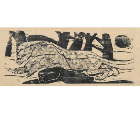                     BORSDORF,             Werner(geb. 1935 Höchst im Odenwald)    "Raubkatzen"Holzschnitt. Bleistiftsignatur 