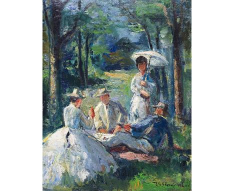                     STACHELSCHEID,             Karl(1917 Duisburg - 1970 Düsseldorf)    Picknick unter BäumenÖl auf Leinwand.