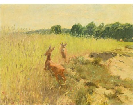   WAGNER,  Karl(1864 Neustadt a.d. Orla - 1939) Rehwild am WaldrandÖl/Leinwand. Rechts unten signiert.51 x 65 cm. Gerahmt : 6