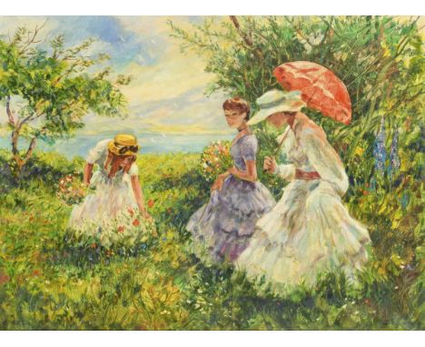                     HEIDE,             Dorul van der(1903 - 1994)    Drei Damen beim Blumen pflückenÖl/Leinwand. Rechts unten