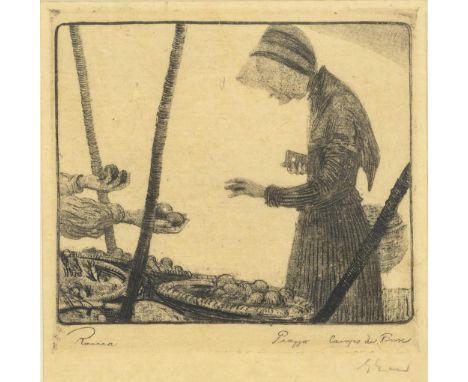             Beim ObsthändlerRadierung. Undeutlich signiert. Platte 15,5 x 16 cm. Gerahmt & hinter Glas : 35 x 35 cm.         