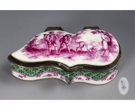 Tabatiere mit Jagdmotiv. Samson. Gekreuzte Strichmarke, 2. H. 19. Jh. Frankreich.             Bemalt in Kupfergrün und Purpur