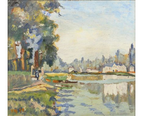             Monogrammist "VH": Expressive SommerlandschaftÖl/Hartfaser. Links unten monogrammiert. (19)49. 35,5 x 39 cm. Gera