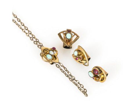 Jugendstil-Uhrenkette und 4 Schieber.             Tombak. Kette L 140 cm. Schieber 1,1 - 1,5 cm. 14,4 g gesamt.             L