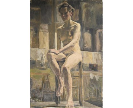                     MAENNCHEN,             Albert(1873 Rudolstadt - 1935 Berlin)    Sitzender Akt im AtelierÖl/Leinwand (lose