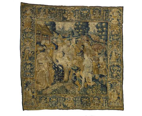 Flämische Tapisserie mit der Anbetung der Heiligen drei Könige. 16./17. Jh.             Kette aus gezwirnter, naturfarbener W