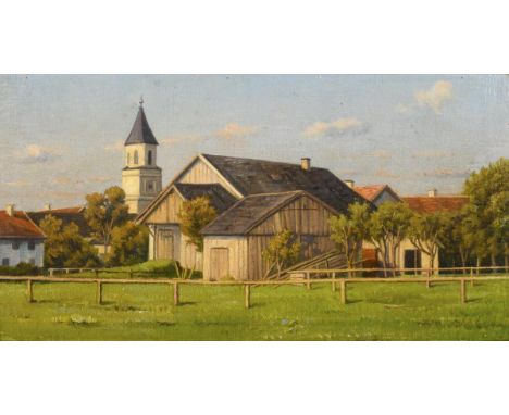             Sonnige DorflandschaftÖl/Leinwand/Karton. Unsigniert. Um 1900. 27 x 50 cm. Gerahmt : 39 x 62 cm (beige-goldener R