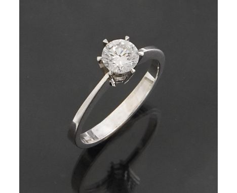 Brillant-Solitär-Ring.  585er Weißgold (14 kt). Ringgröße: 59. 3,8 Gramm. Brillant 0,79 ct in Krappenfassung. Farbe: feines W