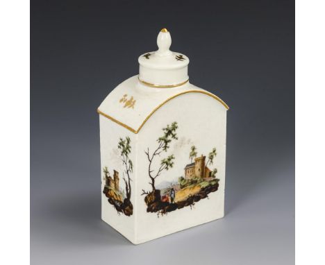Barocke Teedose mit Landschaftsmalerei. Fürstenberg. F-Marke, 2. H. 18. Jh.             Polychrom bemalt, goldstaffiert. H 13