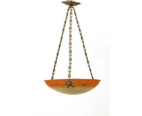 1-flammige Deckenlampe mit Glasschale. Schneider. Gemarkt.             Messing/Bronze, farbloses Glas mit gelben und orangen 