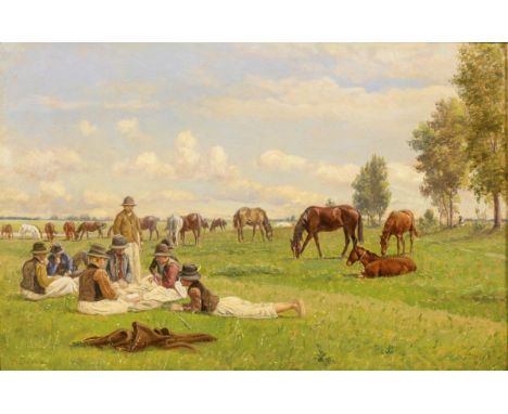                     REISZ,             Herman(1865 Neuhäusl - 1920 Wien)    Pferdehüter beim KartenspielÖl/Malkarton. Links u