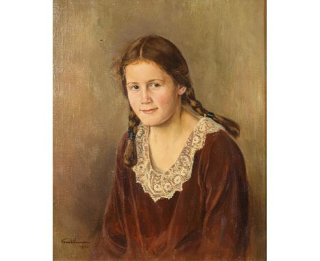  Undeutlich signiert: MädchenbildnisÖl/Leinwand. Links unten undeutlich signiert. 1932.65,5 x 54 cm. Gerahmt : 78 x 67 cm (Go