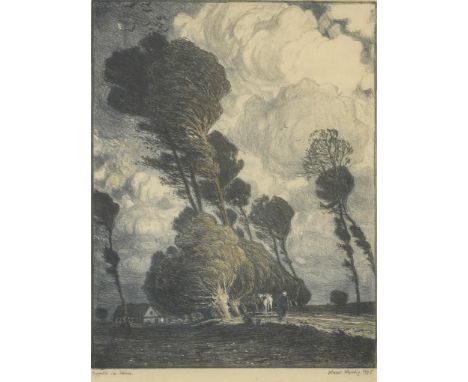                     HARTIG,             Hans(1873 Karvin - 1936 in Berlin)    "Pappeln im Sturm"Mischtechnik (Lithographie un