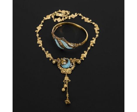 Biedermeiercollier und Armreif mit Türkisen und Saatperlen, im Originaletui.             Gelbgold 585 geprüft. Collier 14 ges