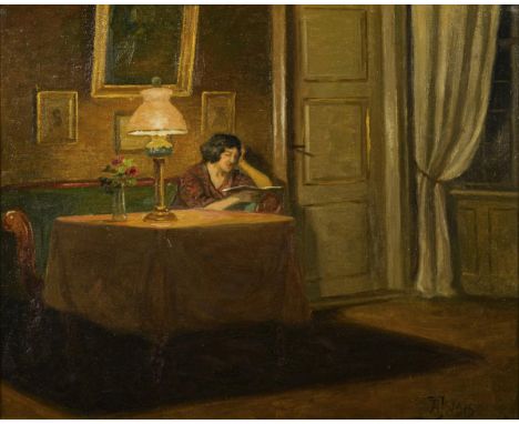                     JENSEN,             Aage(1876 - 1961)    Lesende im ZimmerÖl/Leinwand. Rechts unten signiert. 1915. 36,5 