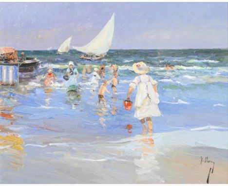   CHECA, José Luis(* 1950) Am StrandÖl/Malkarton. Rechts unten signiert, verso bezeichnet.20 x 25 cm. Gerahmt : 34 x 39 cm (G