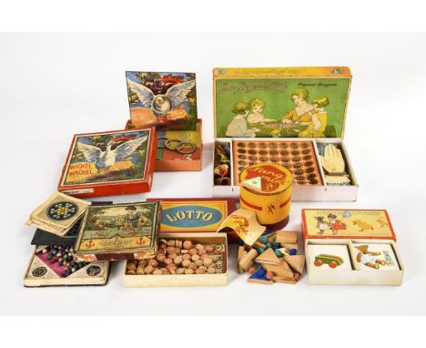 Konvolut 6 alte Spiele.                         "Wickel-Wackel", Spears Drolliges Ringwurf-Spiel. J.W. Spear & Söhne, Nürnber