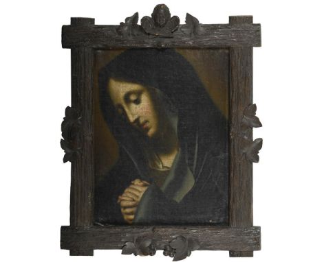             Betende Madonna in geschnitztem RahmenÖl/Leinwand/Karton. Unsigniert. 19. Jh. 44,5 x 34 cm. Gerahmt : 58,5 x 49,5