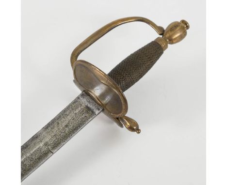 Degen mit defekter Scheide.             Gesamt L 96 cm.             Gerade, einschneidige Klinge mit breitem Hohlschliff und 