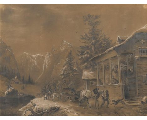                     VON SCHLÖGL,             Josef?(Wien 1851 - nach 1913 (1918?) Meran)    Jagdgesellschaft im GebirgeGraphi