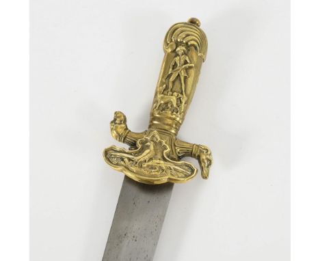 Hirschfänger.             L 70 cm.             Breite, flache Klinge mit Spitze in der Mittellinie und einseitigem, seitliche