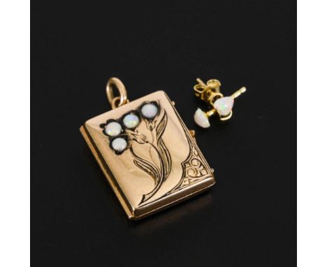 Jugendstil-Medaillon und Ohrsteckerpaar mit Opalen.             Tombak? Ohrstecker Gelbgold 333 gestempelt. Medaillon 2,3 x 1