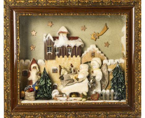 Diorama mit Winterlandschaft in verglastem Goldrahmen.             39 x 44,5 x 10,5 cm.             Kleine Winterszene mit We