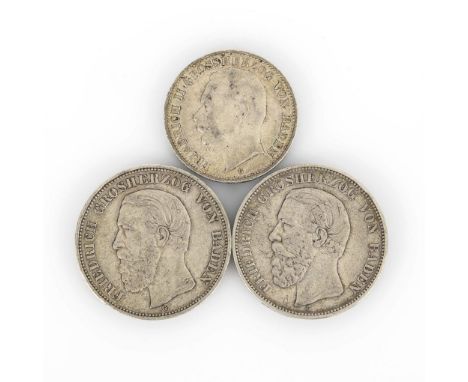 3x Baden.             71,7 g.             2x 5 Mark, 1876 und 1901, "Friedrich Grosherzog (sic) von Baden". / 3 Mark, 1909, "