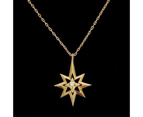 Sternanhänger mit Brillant an Kette.             Gelbgold 14 k gestempelt. Anhänger 3 x 2,2 cm. Kette L 40,5 cm. 5,2 g.      