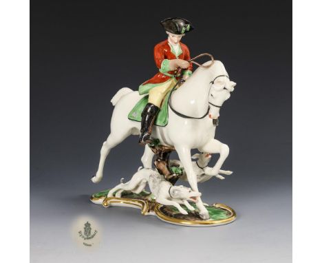 Jagdreiter mit 2 Hunden. Nymphenburg. Prägemarke und grüne Stempelmarke, 1912-1975. Modell-Nr.: 382. Aus der Serie der "Roten