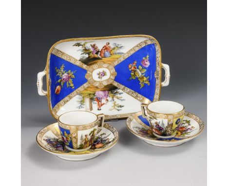 2 Mokkatassen und 1 Schale mit Vierfeldermalerei. Helena Wolfsohn. Augustus-Rex-Marke, um 1880.             Polychrom bemalt,